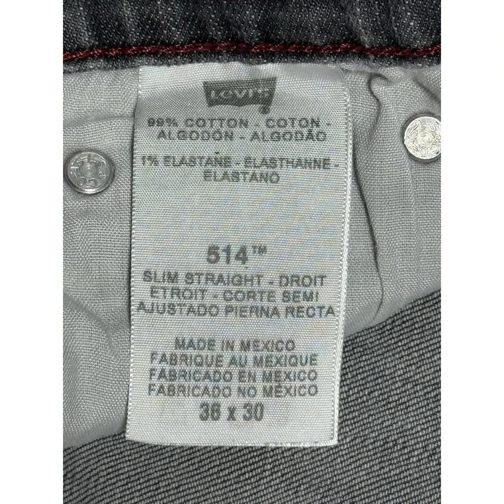 Levis 514 Jeans Mens 36x30 Gray Slim‎ Straight Distressed Denim Red Stitching